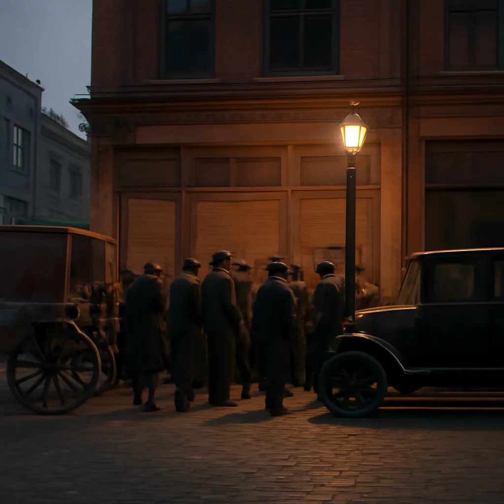 A 1920s-era street scene showing a boarded-up saloon and a line of people outside a storefront, with period clothing such as cloche hats and suits; horse-drawn delivery wagon and an early automobile parked on the curb.