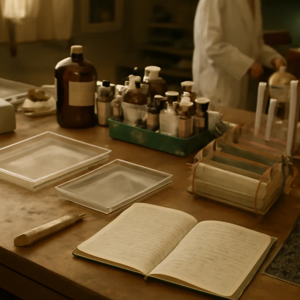 Laboratory bench in the mid-1980s with gel electrophoresis apparatus, autoradiography film strips showing DNA banding patterns, labeled reagents and a pipette — no identifiable people.