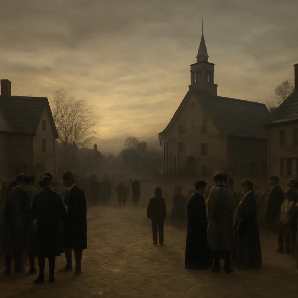 A late 17th-century New England village street with clergy and townspeople gathered outside a colonial meetinghouse, showing tension and discussion among neighbors.
