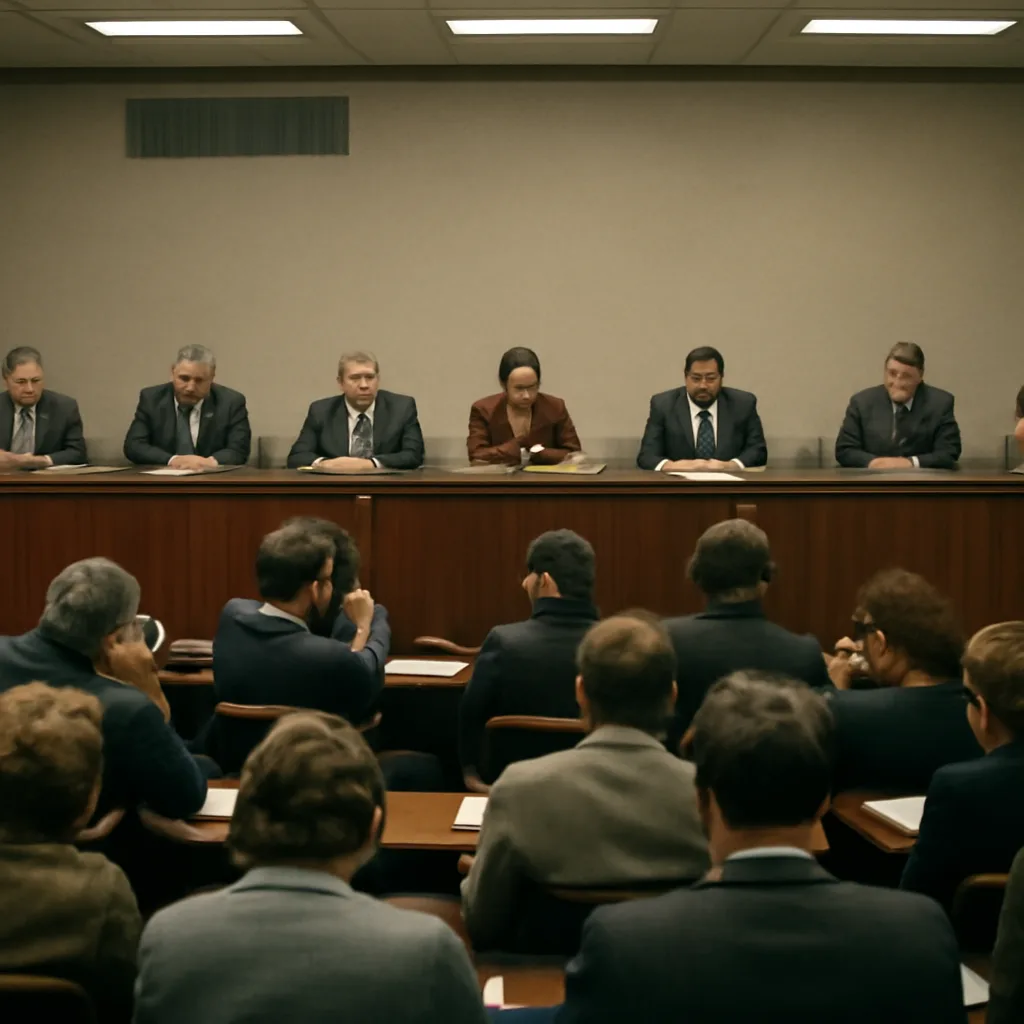 A 1970s-style hearing room with a long dais, microphones, stacks of documents, and reporters’ notebooks; officials and attorneys seated, cameras and press in the gallery.