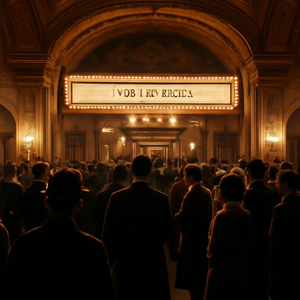 Interior of a 1930s movie palace lobby with crowds gathered, ticket booth and poster boards visible; atmosphere tense and bustling.