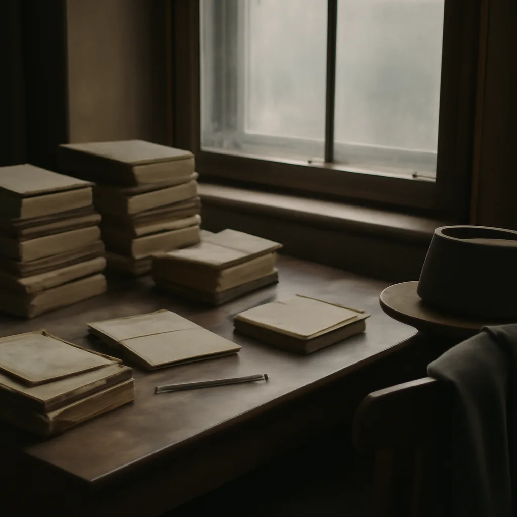 A stack of early 20th-century books on a wooden table; a worn paperback copy of Mein Kampf visible among other German-language texts, with a background suggesting a 1920s study (no identifiable faces).