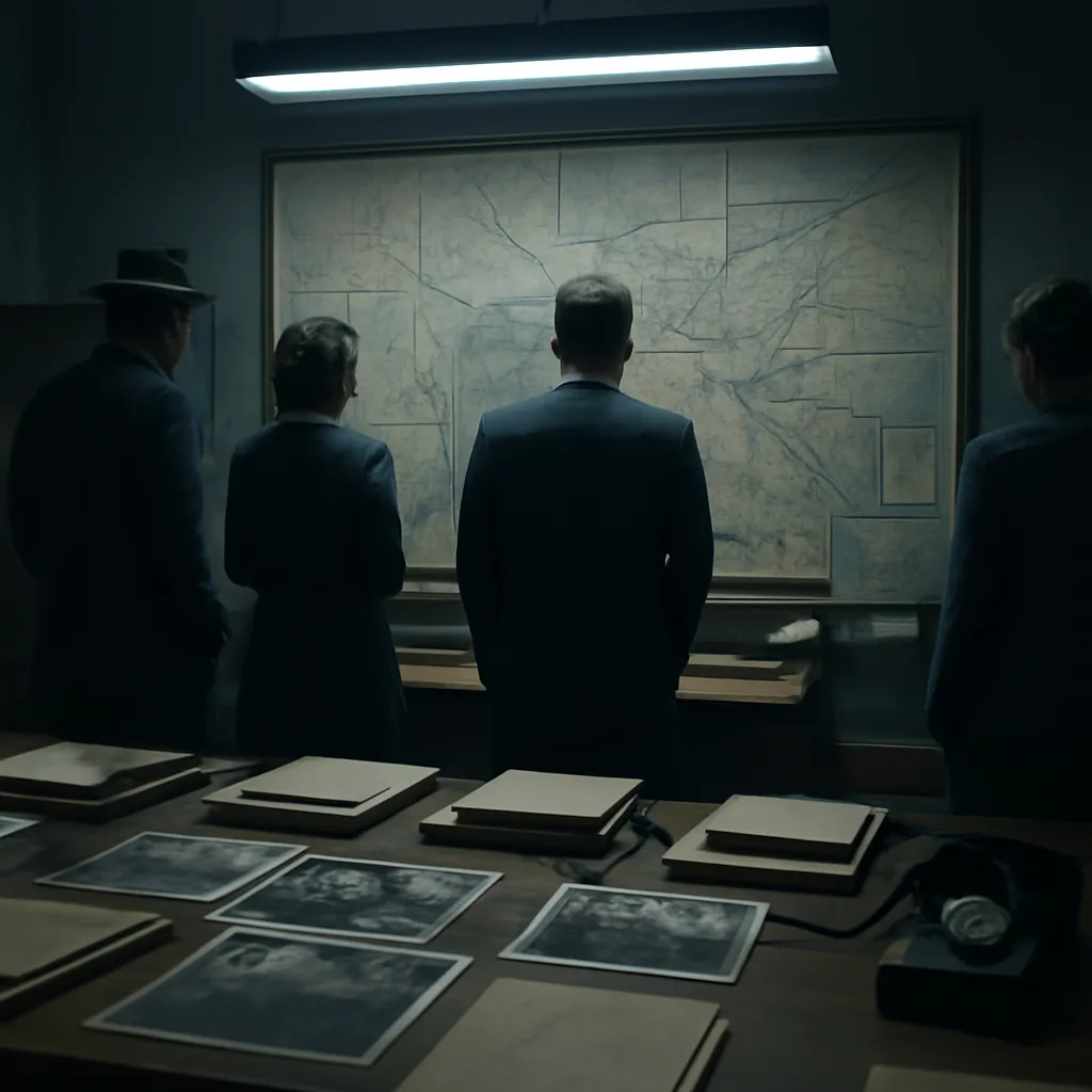 A mid-1950s police office with investigators gathered around a desk covered in maps, case files, and printed crime-scene photos, evoking early behavioral analysis without showing identifiable faces.