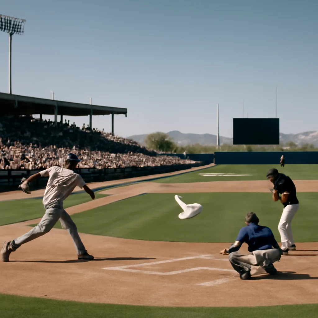 A baseball pitcher mid-delivery on a spring training mound with an outfield grandstand and clear Arizona sky; a small dove visible in flight near home plate, spectators in the background.