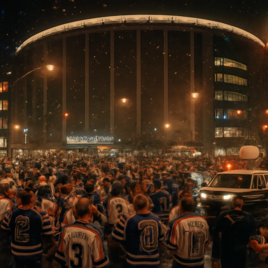 Madison Square Garden interior exterior showing jubilant crowd and banners after New York Rangers won the 1994 Stanley Cup, with celebratory atmosphere and hockey gear visible.