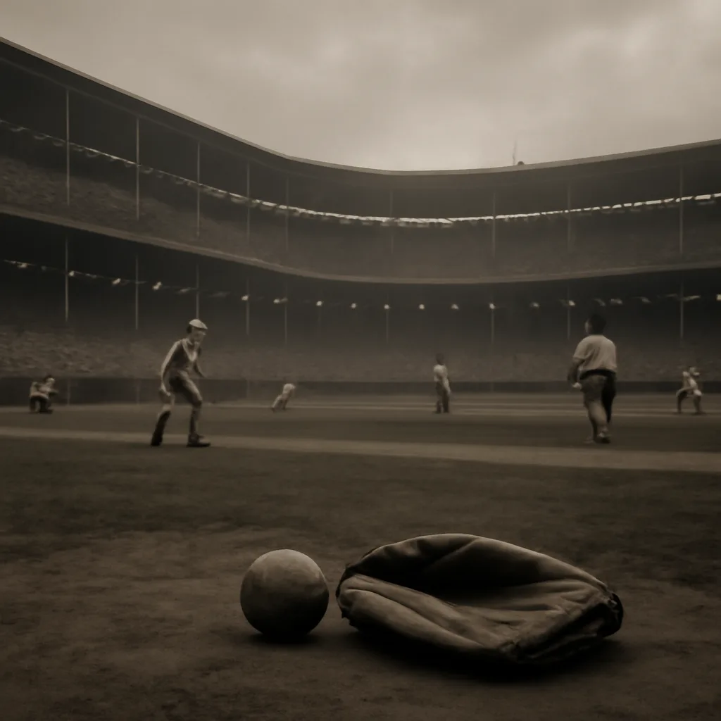 Early 20th-century baseball field at the Polo Grounds with players in period uniforms and a worn baseball on the grass, conveying the 1920s game setting.