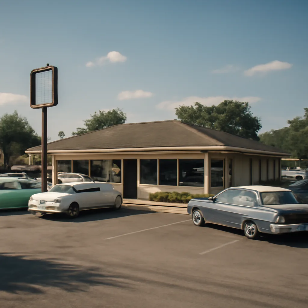 Exterior view of the original 1955 McDonald’s franchise building in Des Plaines, Illinois, showing a midcentury single-story roadside restaurant with a simple façade and parking area.