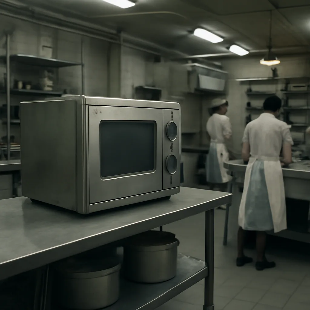 A large mid-20th-century Radarange microwave oven in a commercial kitchen setting, on a metal counter with pots and serving trays nearby.