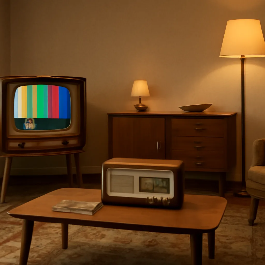 A 1950s living room with an early tabletop color television set on a stand, midcentury furnishings and a radio nearby, showing a test color pattern on the screen.