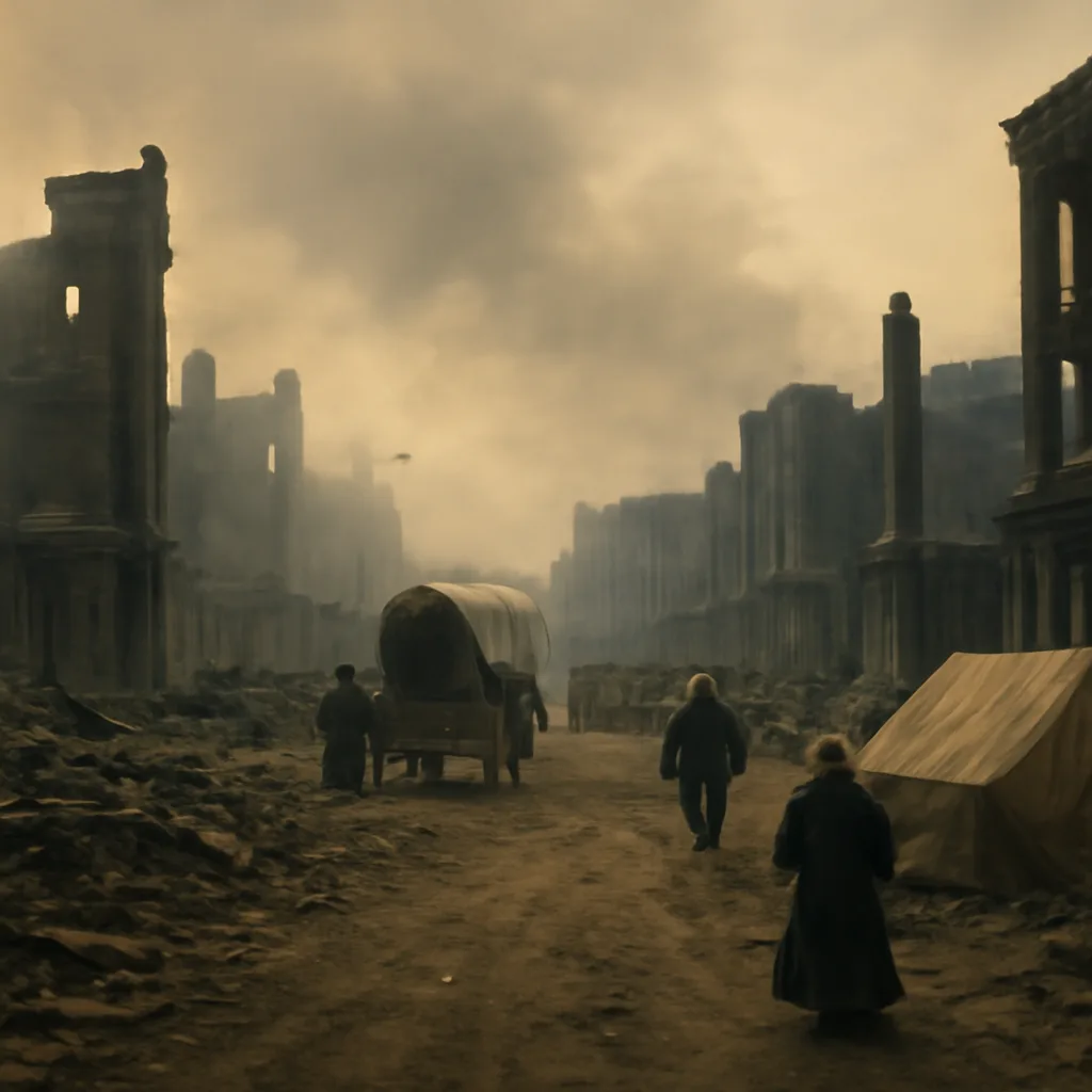 19th-century Chicago block reduced to charred timber and rubble with makeshift tents and carts at the edge of destroyed streets; no identifiable faces.