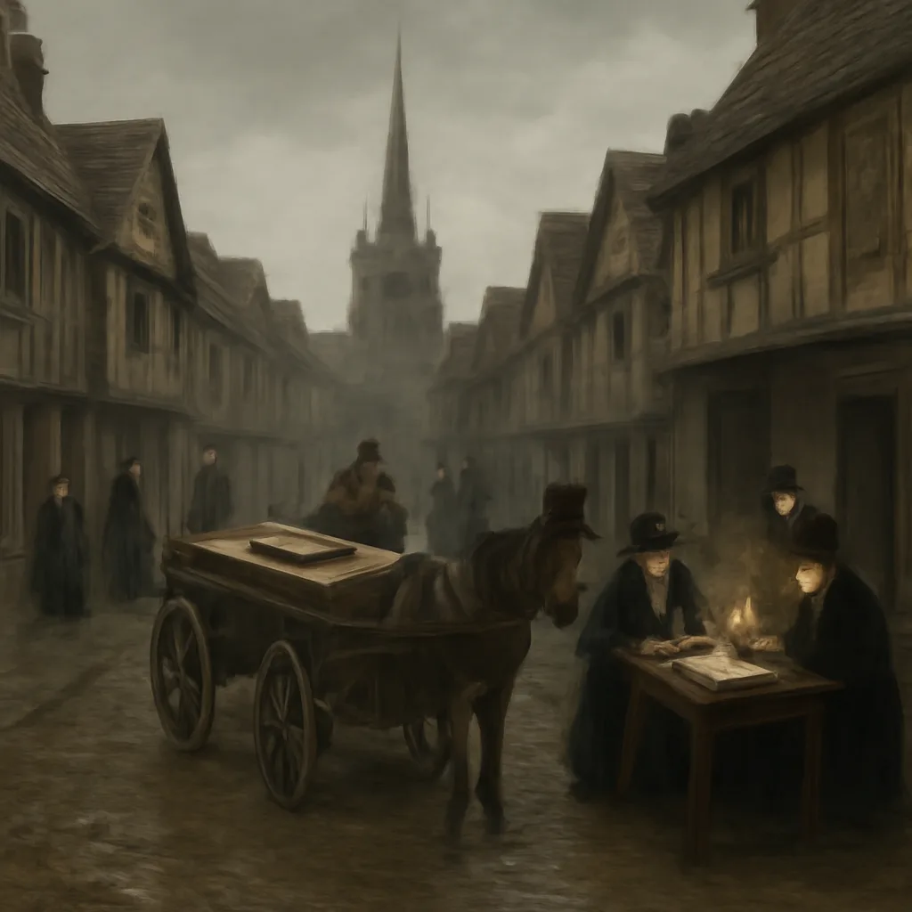 A 17th-century London street scene with shuttered houses, a cart carrying coffins, parish clerks at a table with burial registers, and distant church steeples—no identifiable faces.