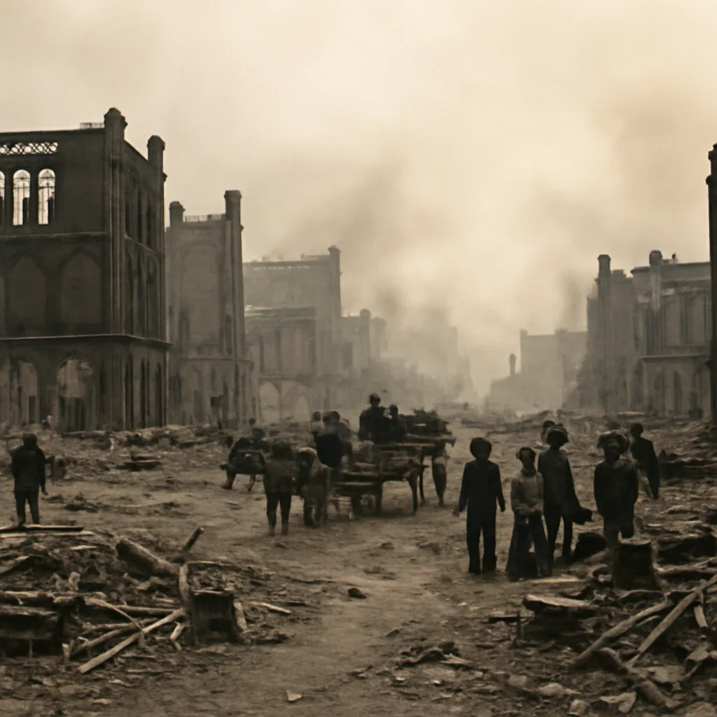 Late 19th-century Chicago street with burned wooden buildings and piles of rubble, residents and relief workers amid charred foundations and wagons carrying salvaged goods.