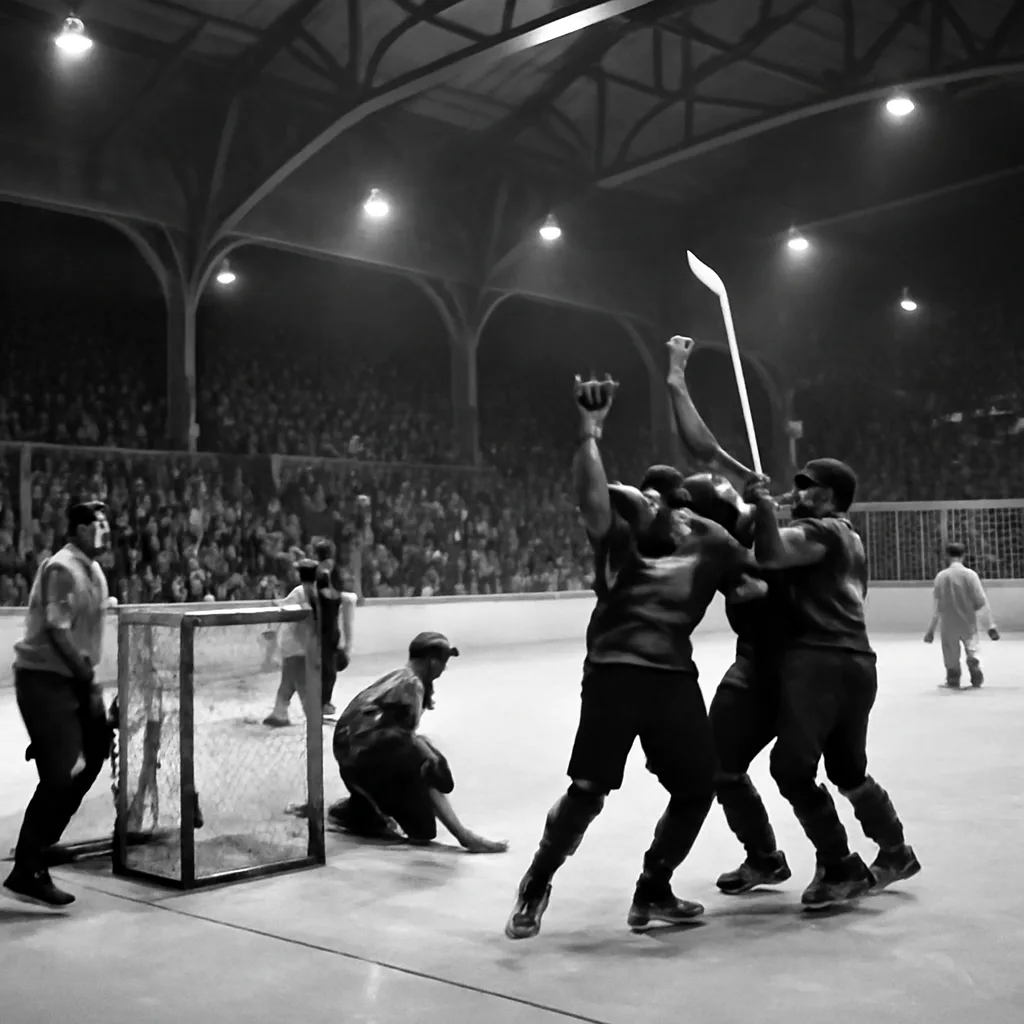 Black-and-white rink scene at Olympia Stadium in the 1940s showing a wide shot of players on the ice and spectators in the stands; captures wartime-era hockey atmosphere without focusing on identifiable faces.