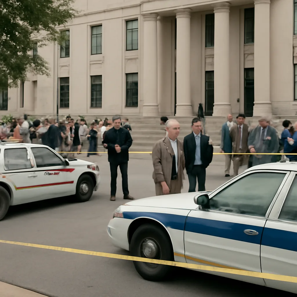 Police cruiser and uniformed officers outside a municipal building during a daytime arrest related to an alleged illegal gambling investigation in 2007; no faces identifiable.