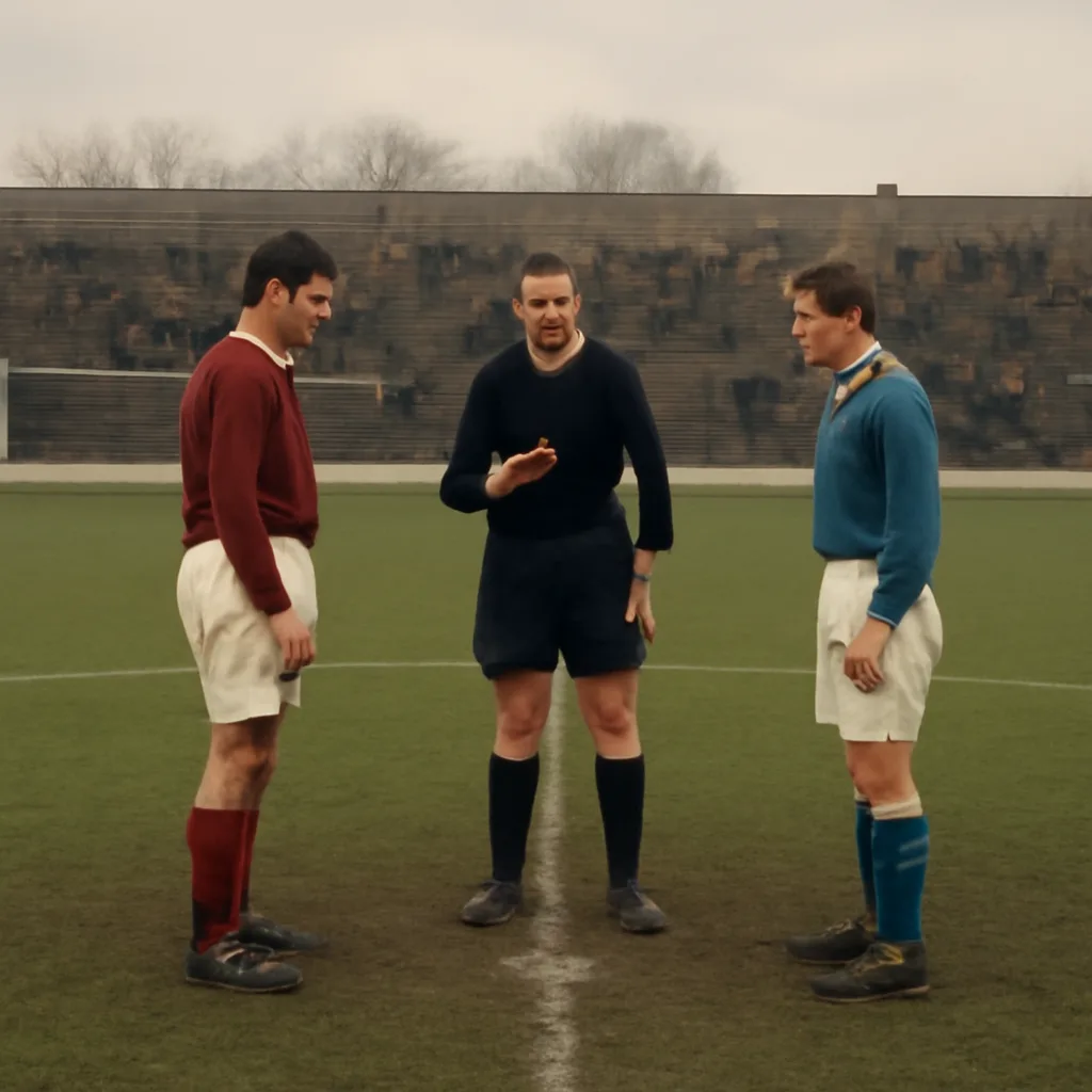Postwar-era soccer match at a modest stadium with referee flipping a coin at midfield as players and officials watch; overcast sky, 1950s-style kit and no visible sponsor logos.