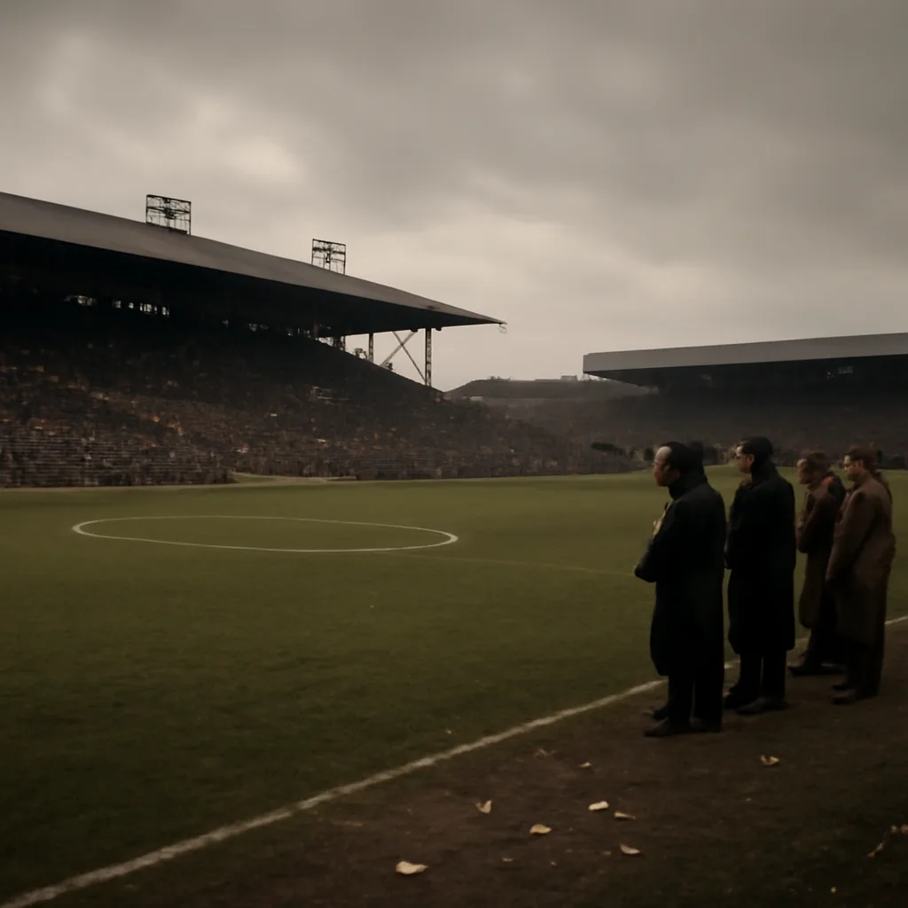 A 1960s football stadium pitch at halftime with empty center circle, scattered debris on the turf and a small group of officials and police near the sideline; stands partly filled with restless spectators.