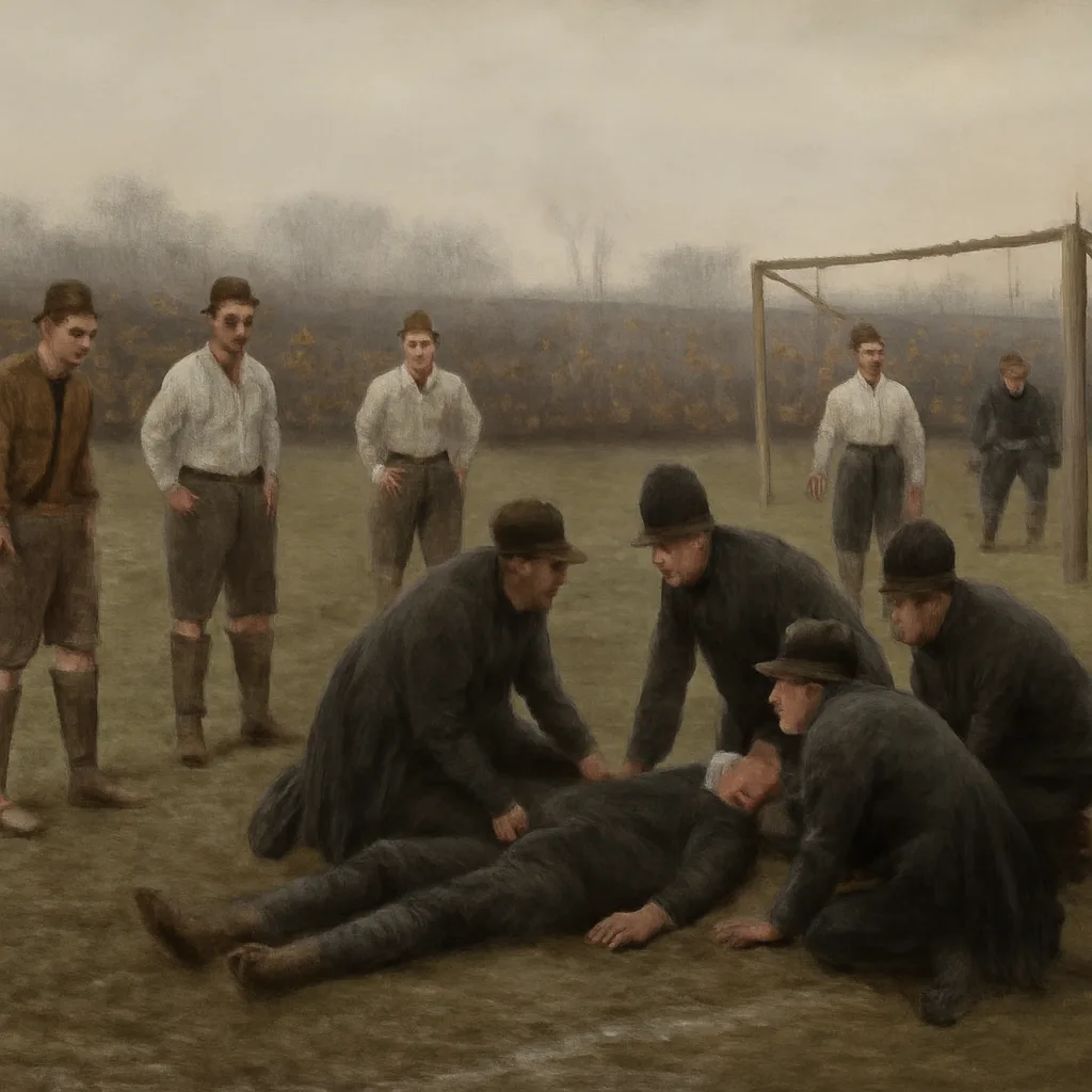 Late 19th-century football match with players on a grass pitch and spectators close to the touchline; a small group of officials and stewards at the edge of the field attending to an incident.