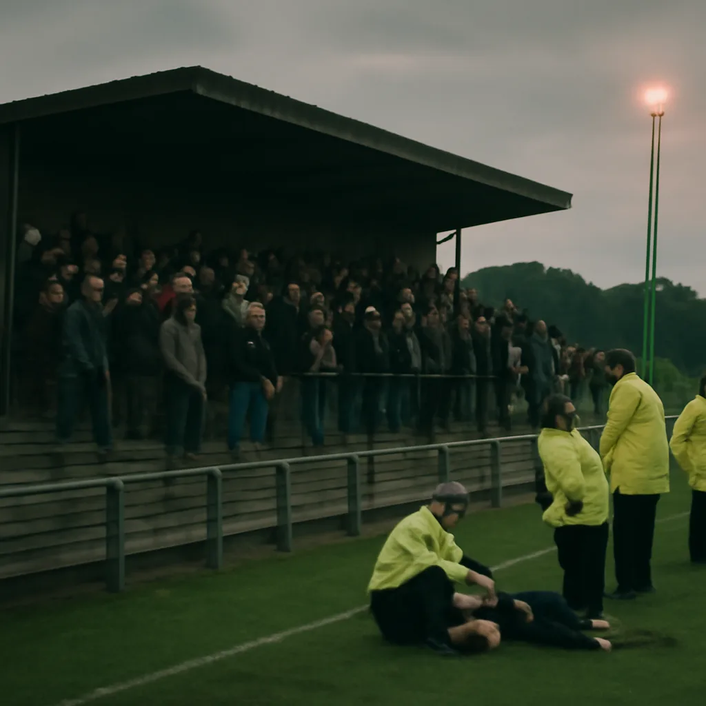 A lower‑league football stadium terrace in the late 1990s, fans standing behind a barrier near the pitch; a referee receiving medical attention on the sideline with stewards nearby.