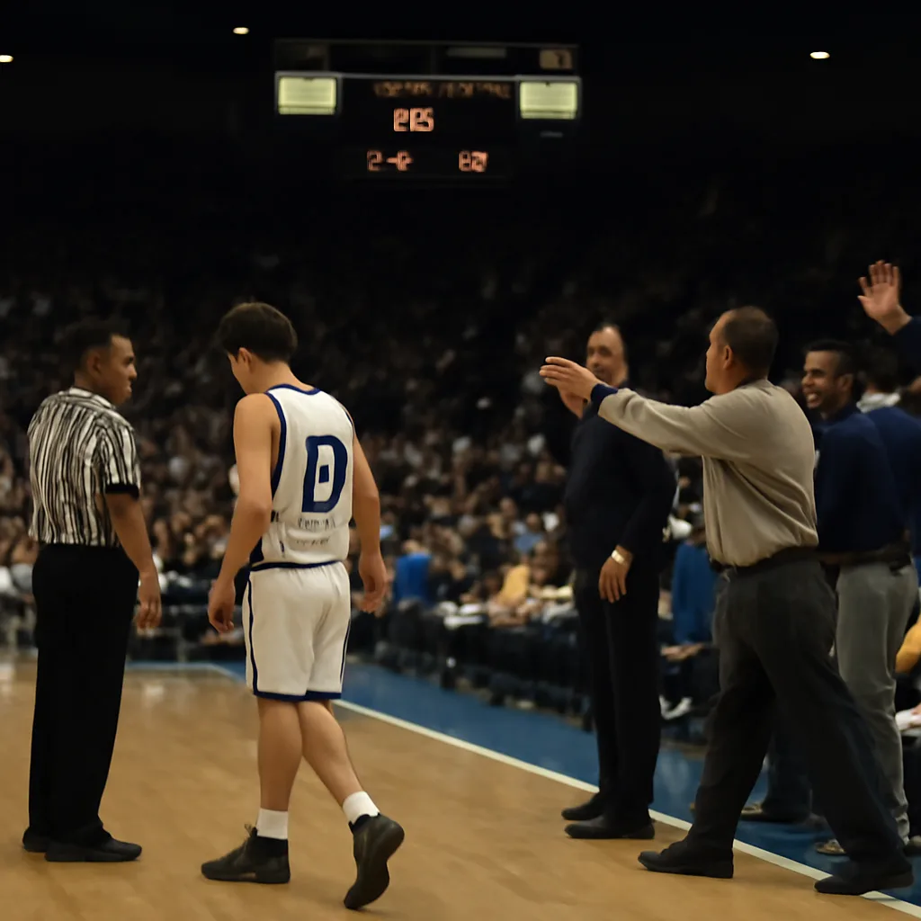 Basketball court scene showing referees and players during a stoppage of play; one player at the scorer’s table exit while teammates argue with an official.
