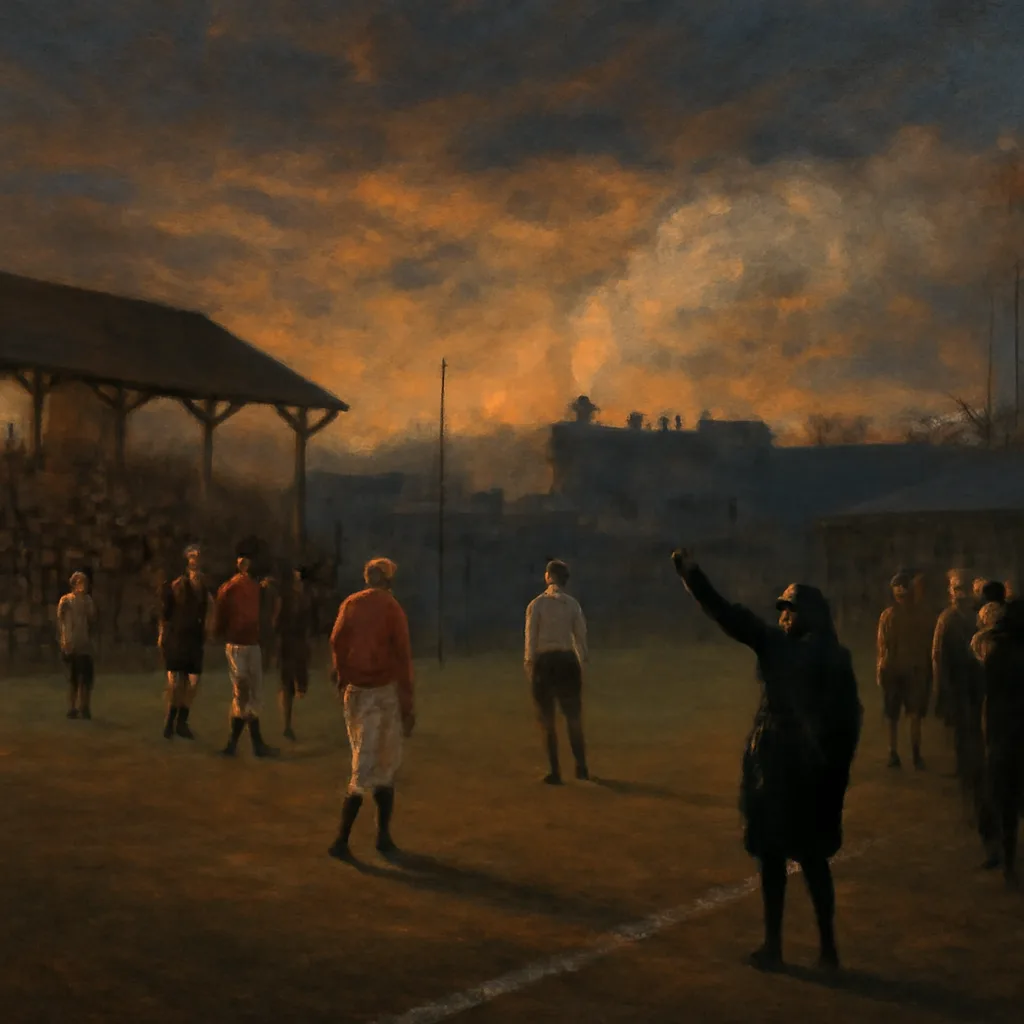 Early 20th-century football ground at dusk with players in period kit, a referee near the touchline, and a steam train visible in the distance beyond the stands.