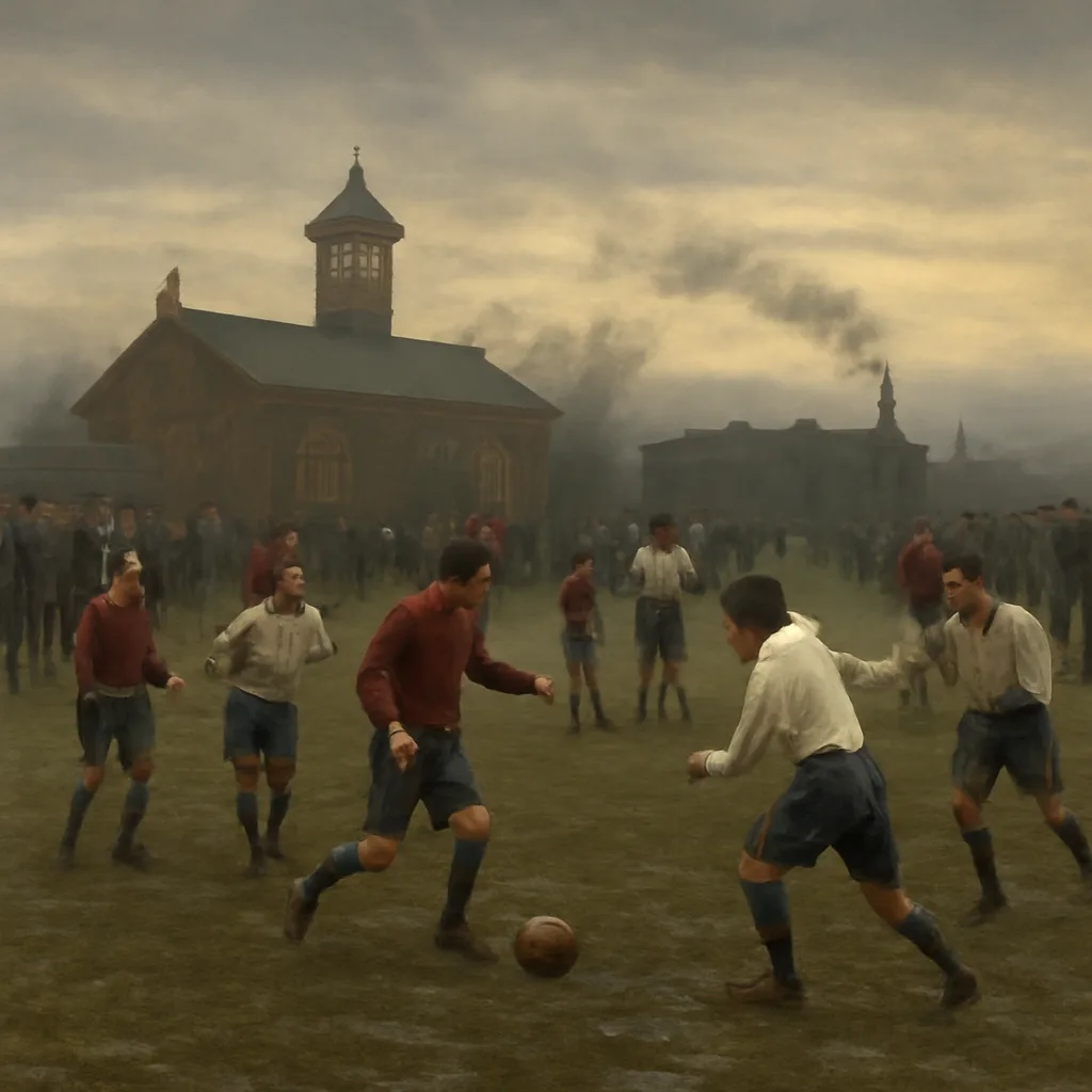 Early 20th-century football match on a grass pitch with players in period kits and a small crowd; a railway station clock tower is visible in the distance.