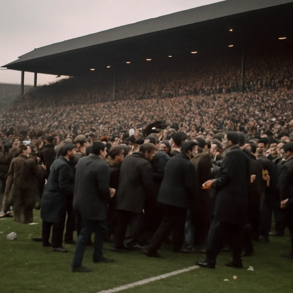 1960s-era outdoor soccer stadium with crowd gathered near the pitch and stewards attempting to restrain spectators during a halftime disturbance