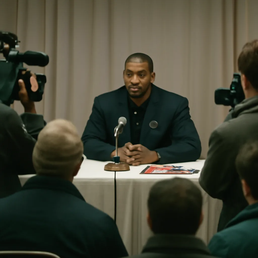 Reggie White at a sideline press conference announcing his retirement in late 1998, wearing team attire and flanked by microphones and reporters.