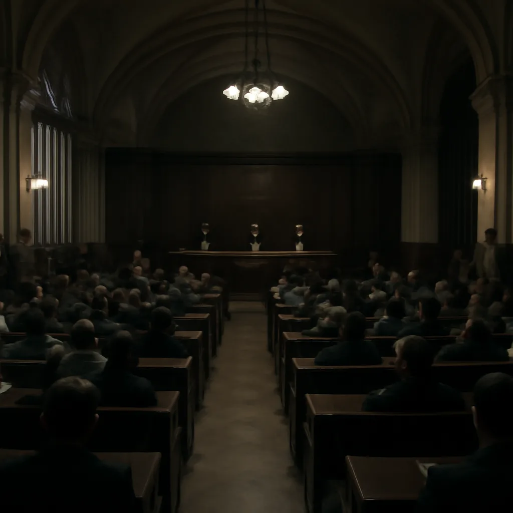 Interior of the Kroll Opera House in March 1933: deputies seated in a parliamentary chamber under heavy guard, with uniformed SA/SS visible at the periphery; packed benches, arched ceilings, and period signage indicating a 1930s official assembly.