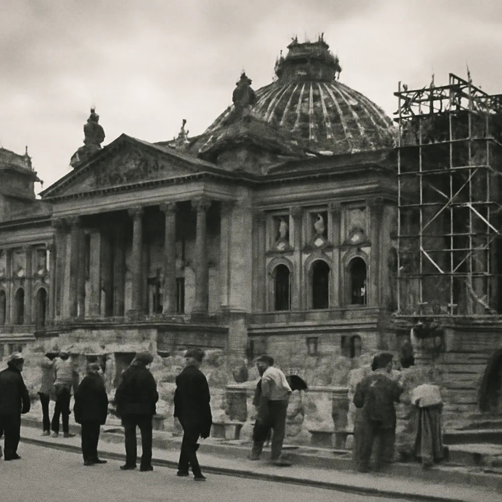 The burned and cordoned exterior of the Reichstag building in 1930s Berlin, showing damaged masonry, scaffolding, and police cordon tape with workers and officials nearby.