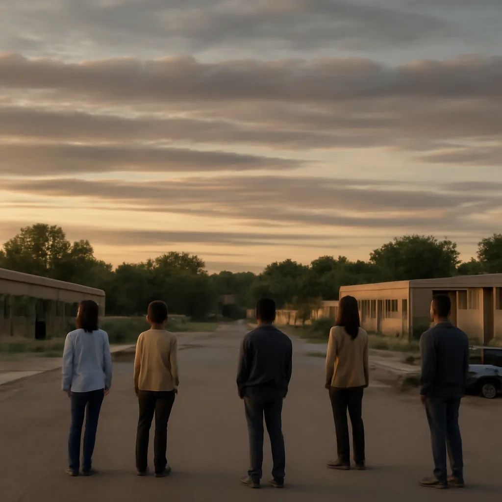 Evening suburban skyline with people looking upward; distant clouds and a street with few cars, suggesting a collected crowd observing the sky where sounds were reported.