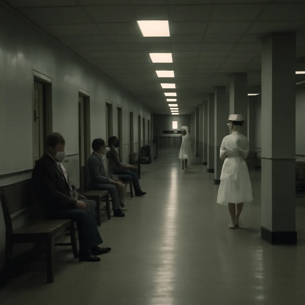 Hospital ward corridor in the early 1960s with patients sitting on benches and nurses in period uniforms; the scene shows a crowded institutional interior without identifiable faces.