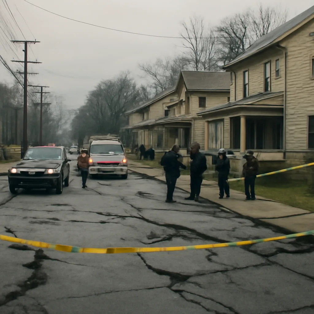 Street in a small town with cracked pavement and caution tape; emergency vehicles and officials at perimeter; houses visible with minor visible foundation cracks.