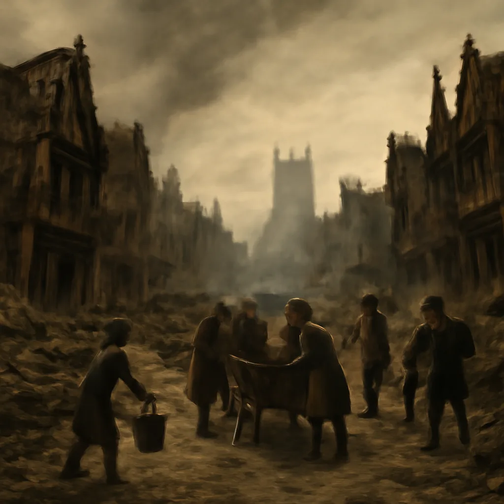 Restoration-era London street with burned and partly collapsed timber-framed buildings, rubble-filled roadway, salvage operations and groups of people and officials organizing relief.