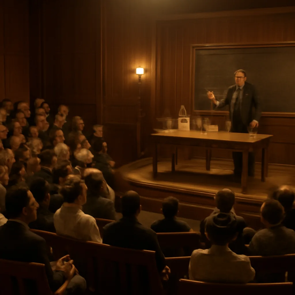 Early 20th-century lecture hall with a demonstrator showing physical props to seated audience members, period clothing and furnishings visible, documenting a staged scientific demonstration around 1912.