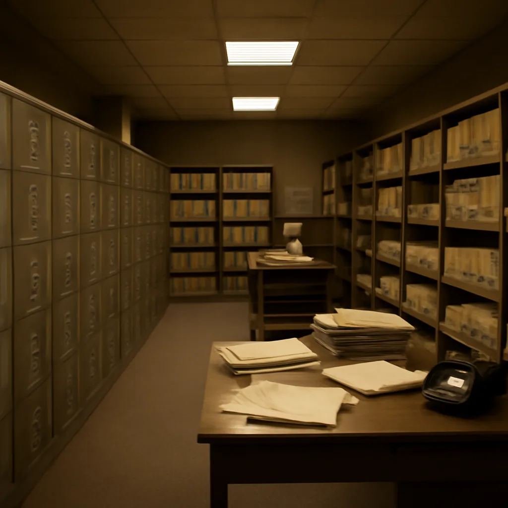 Rows of filing cabinets and stacks of paper in a dimly lit government records room, evoking large-scale data collection and storage without showing identifiable people.