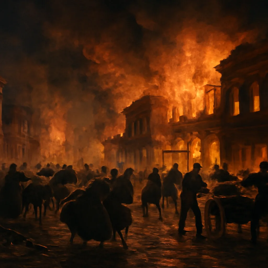 Nighttime 1871 Chicago streets enveloped in fire and smoke, wooden buildings ablaze and residents and firefighters clustered in the foreground with carts and debris visible.