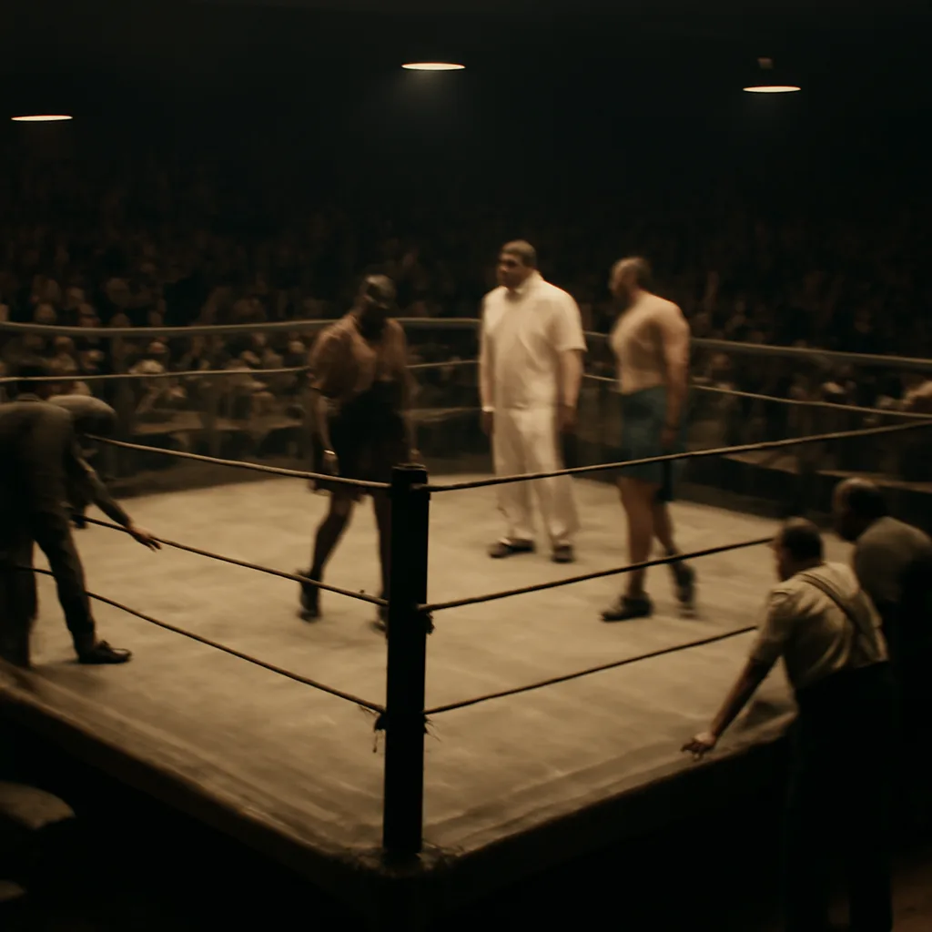 A 1930s boxing ring inside an auditorium with raised wooden platform, canvas sagging slightly and ropes loose, attendants at the apron inspecting the structure; spectators in period dress visible in the background.