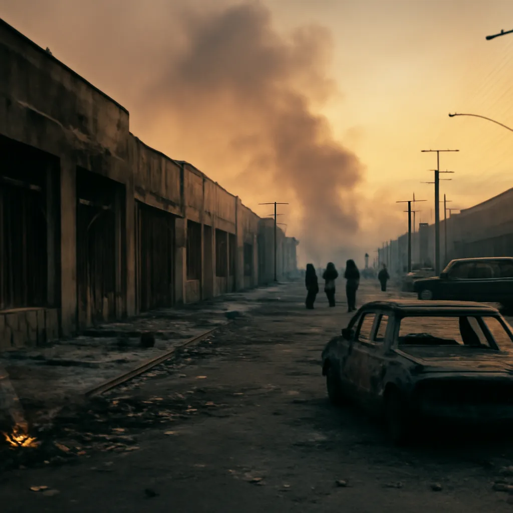 Damaged storefronts, burned-out vehicles, and debris on an urban Los Angeles street during the 1992 unrest; emergency vehicles and law enforcement are present at a distance.