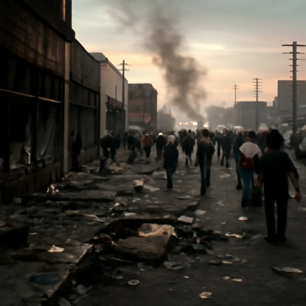 Crowded Los Angeles street at dusk with damaged storefronts, debris and a line of police in riot gear; smoke rising in the background and groups of people on the sidewalks.