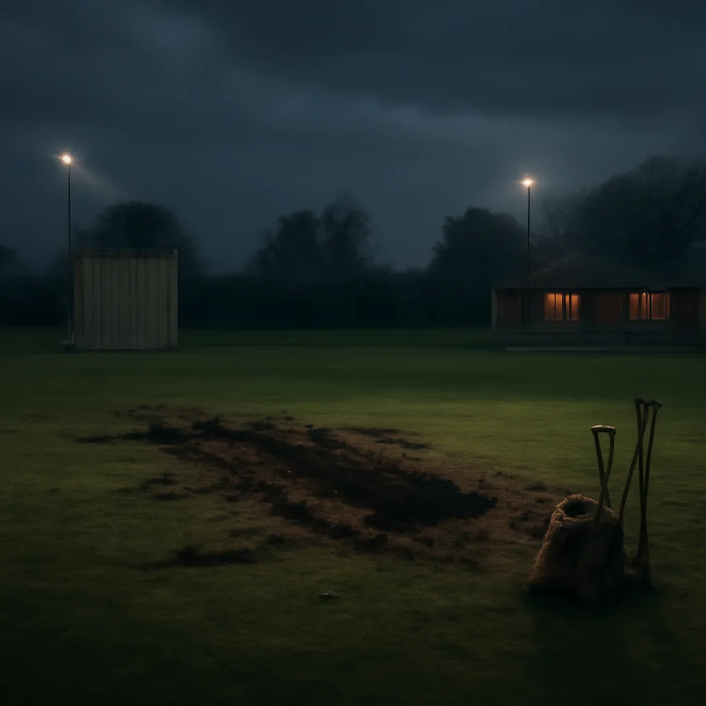 A cricket ground at night with a central wicket area disturbed and patches of uprooted turf, floodlights off and an empty pavilion in the background.