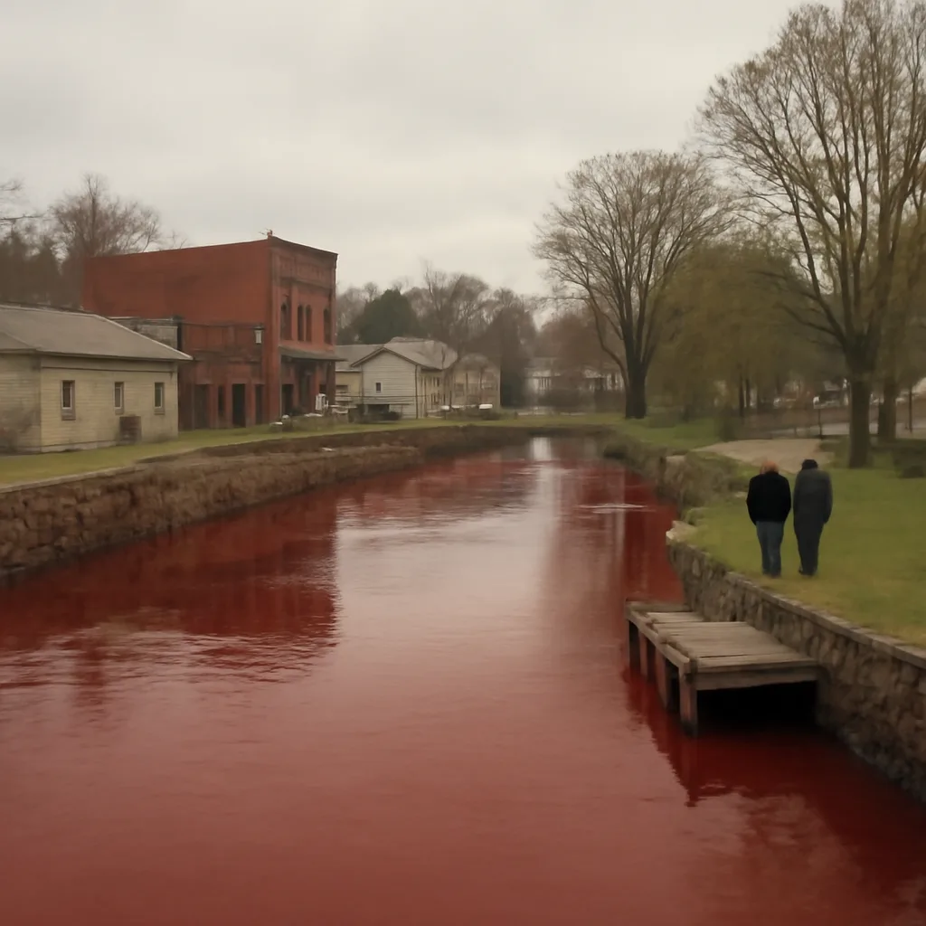 A small town river visibly tinted red flowing past riverside trees and low buildings under overcast sky, with a few onlookers at the bank observing from a distance.