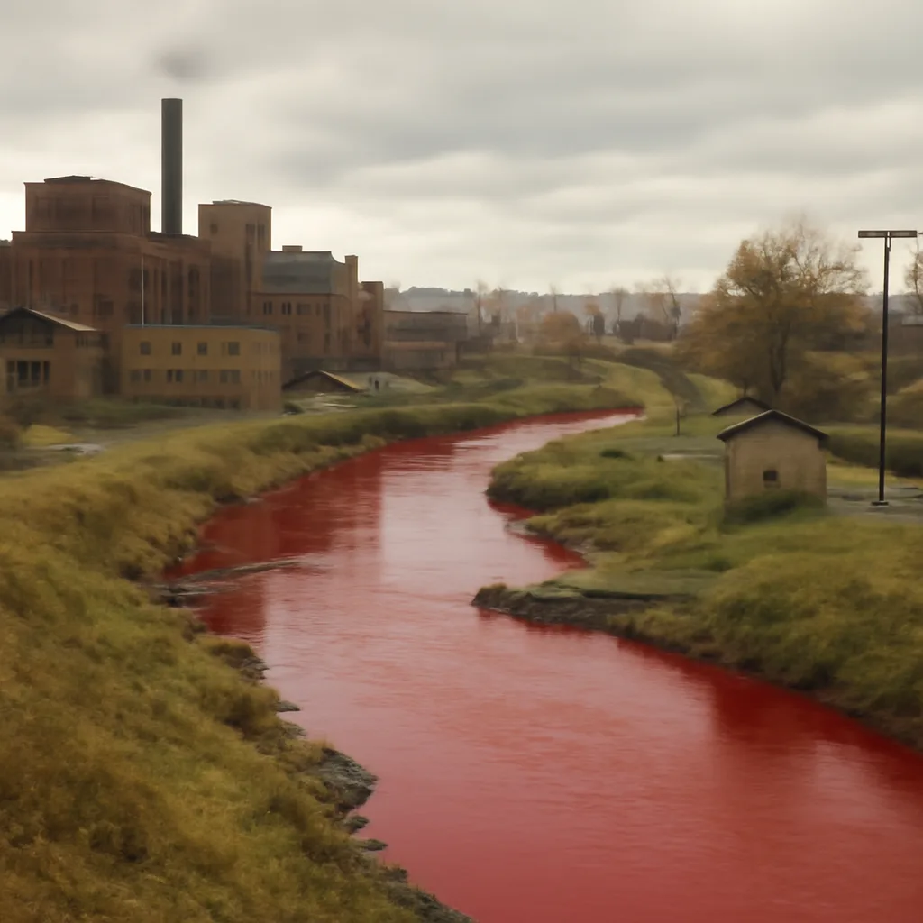 A river flowing through a small industrial town with water appearing bright red along several bends; utility buildings and maintenance access points visible on the riverbank, overcast sky.