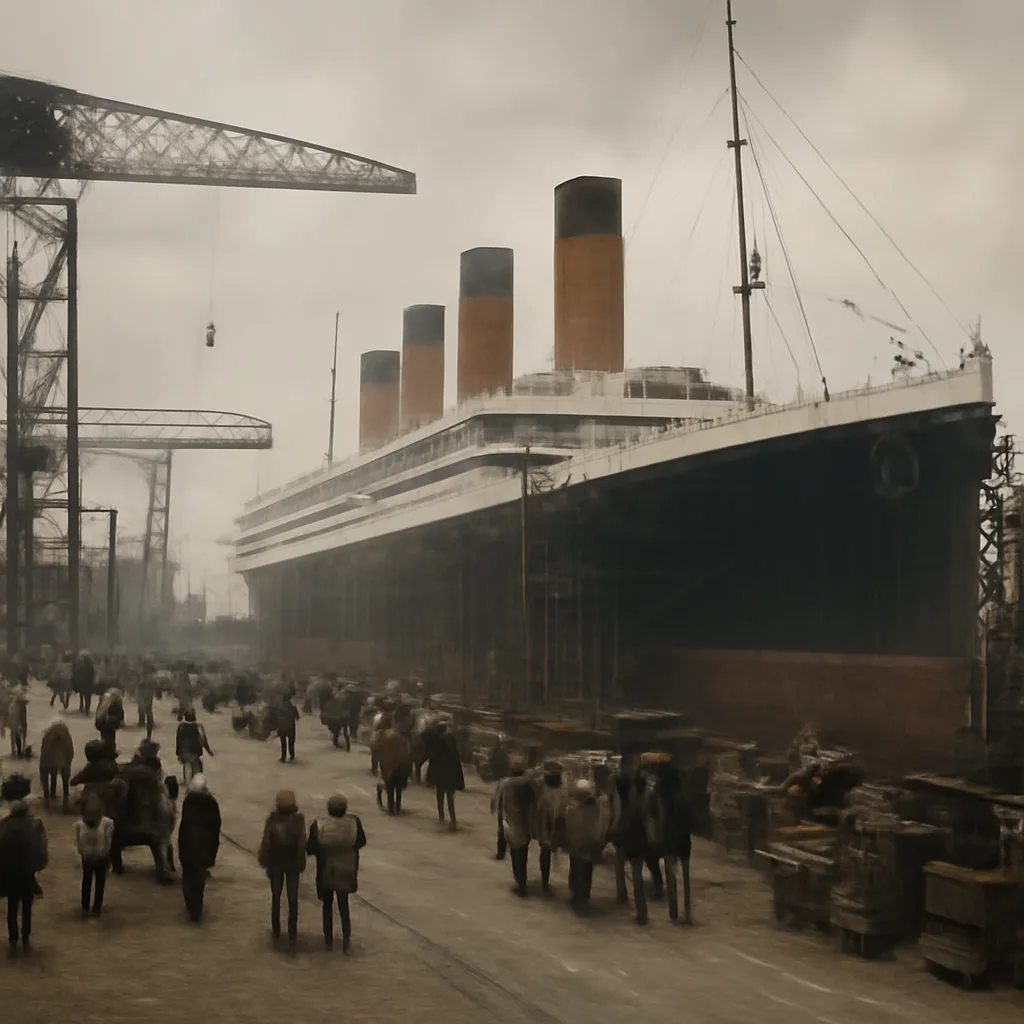 RMS Titanic alongside fitting-out berths at Harland & Wolff shipyard in Belfast, showing scaffolding, cranes, and workers around the hull in early 1912.