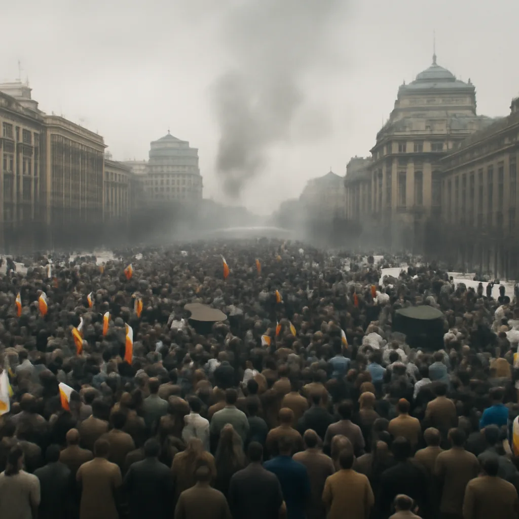 Crowd-filled Bucharest street during December 1989 protests; military vehicles and protesters in winter clothing, with city buildings in background, no identifiable close-up faces.