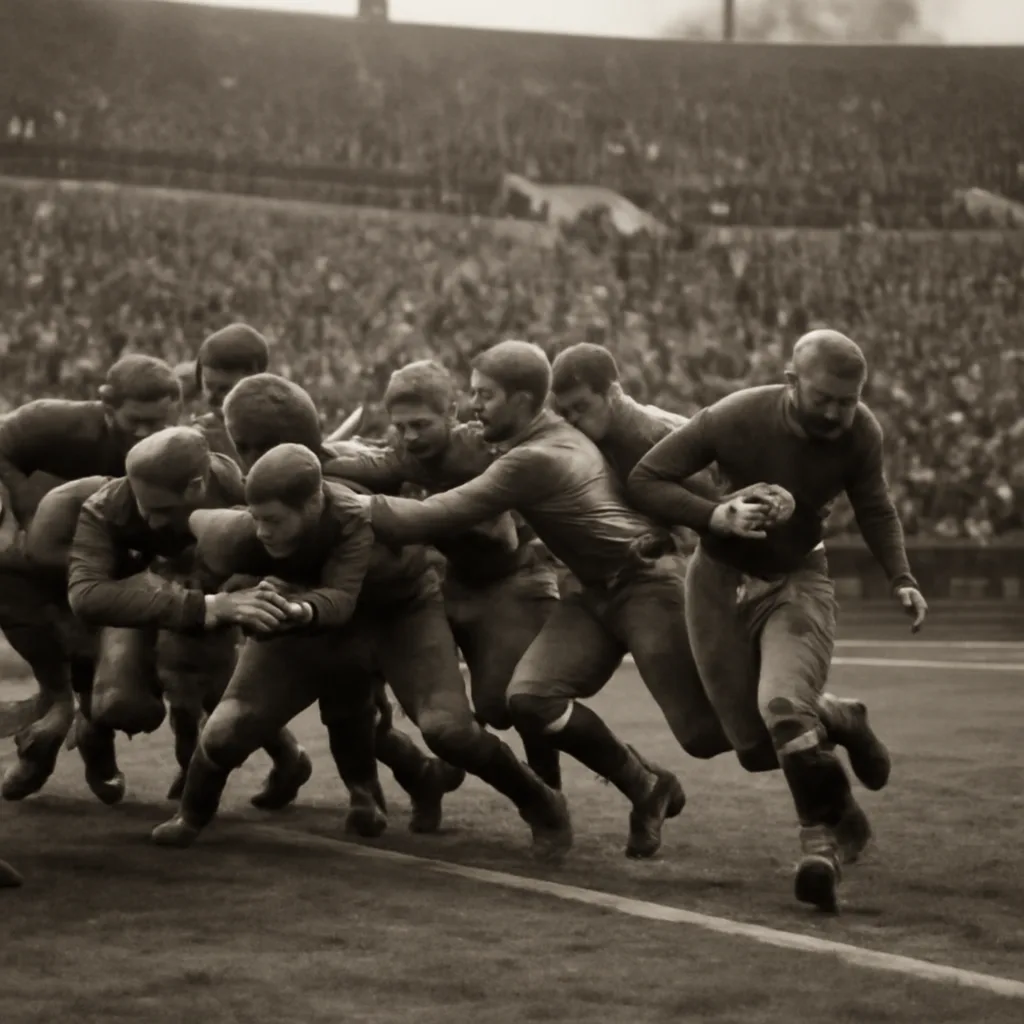 1920s-era Rose Bowl stadium scene showing a chaotic college football play near a goal line, with players in leather helmets and wool uniforms pursuing a player running toward his own end zone.