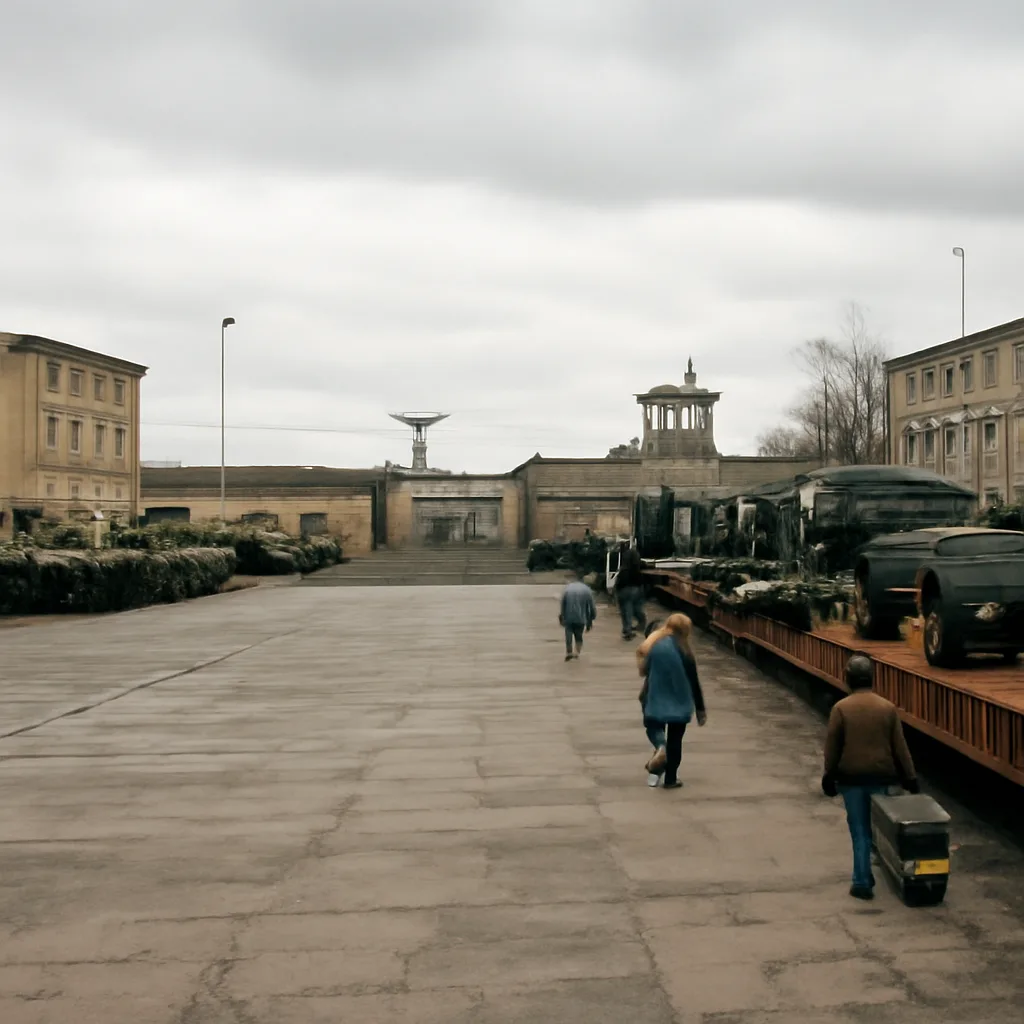 Former Soviet military barracks and empty parade ground in early 1990s East Germany, with visible signage in German and guarded perimeter fencing, showing abandoned vehicles and closed gate.