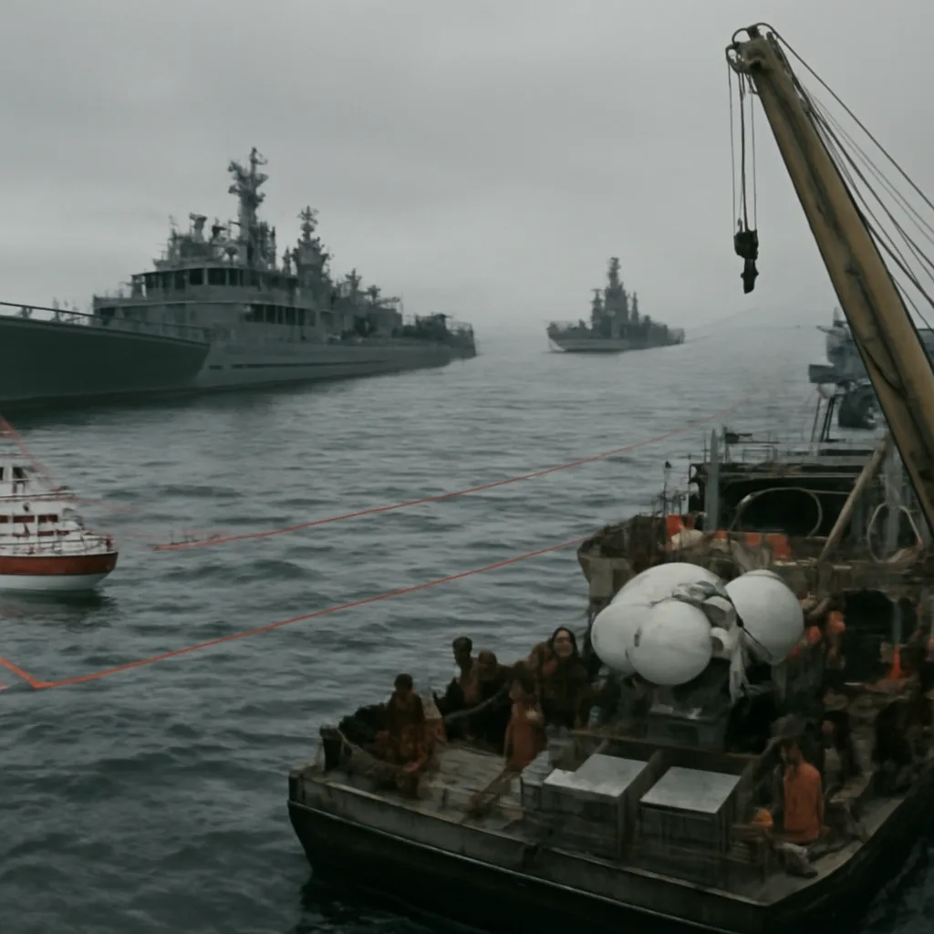 The wreck site area of the Barents Sea where the Oscar II–class submarine Kursk sank; surface ships, rescue vessels and crews in cold gray sea conditions.