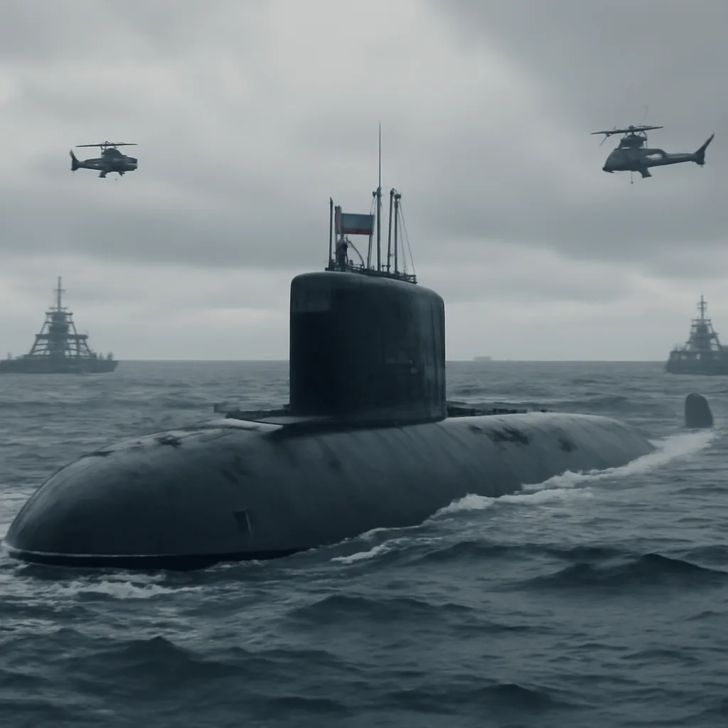 The Russian submarine Kursk (Oscar II class) at sea during operations, offshore decks and conning tower visible; scene of a Cold War–era nuclear-powered cruise-missile submarine.