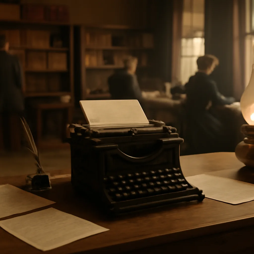 A late 19th-century Remington No. 1 typewriter on a wooden desk with sheets of paper and an inkwell nearby, in an office setting appropriate to the 1870s.