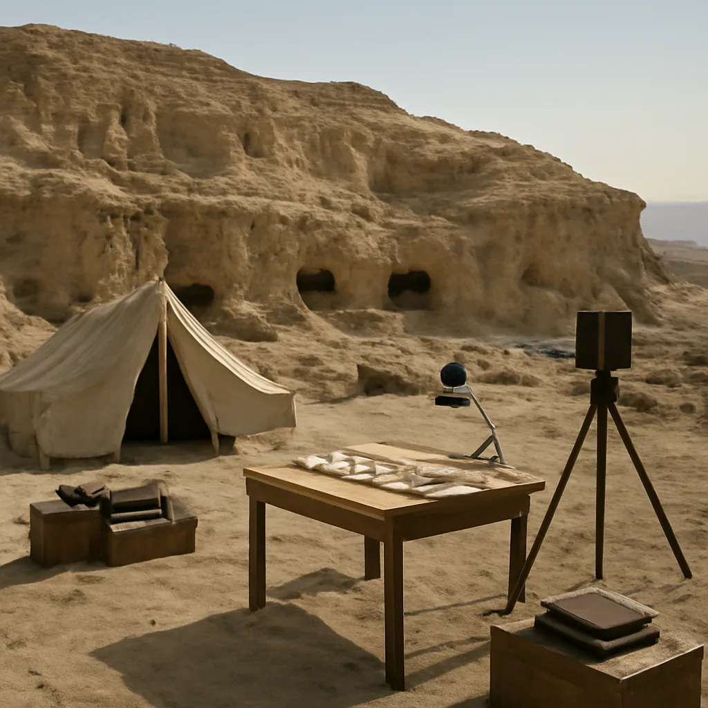 Qumran area near the northwest shore of the Dead Sea with rock-cut caves and fragments of ancient scrolls on a conservation table